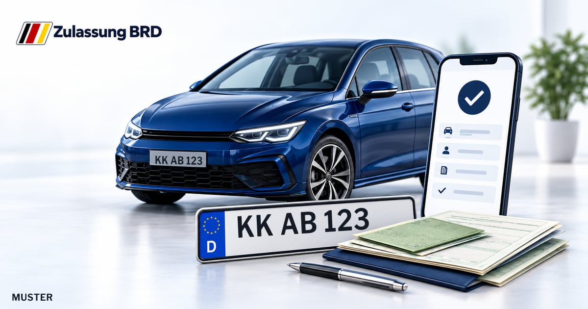 Online Fahrzeugzulassung in Tönisvorst: Musterkennzeichen KK AB 123, Auto und Fahrzeugpapiere und Smartphone. Illustration mit Logo von Zulassung BRD.